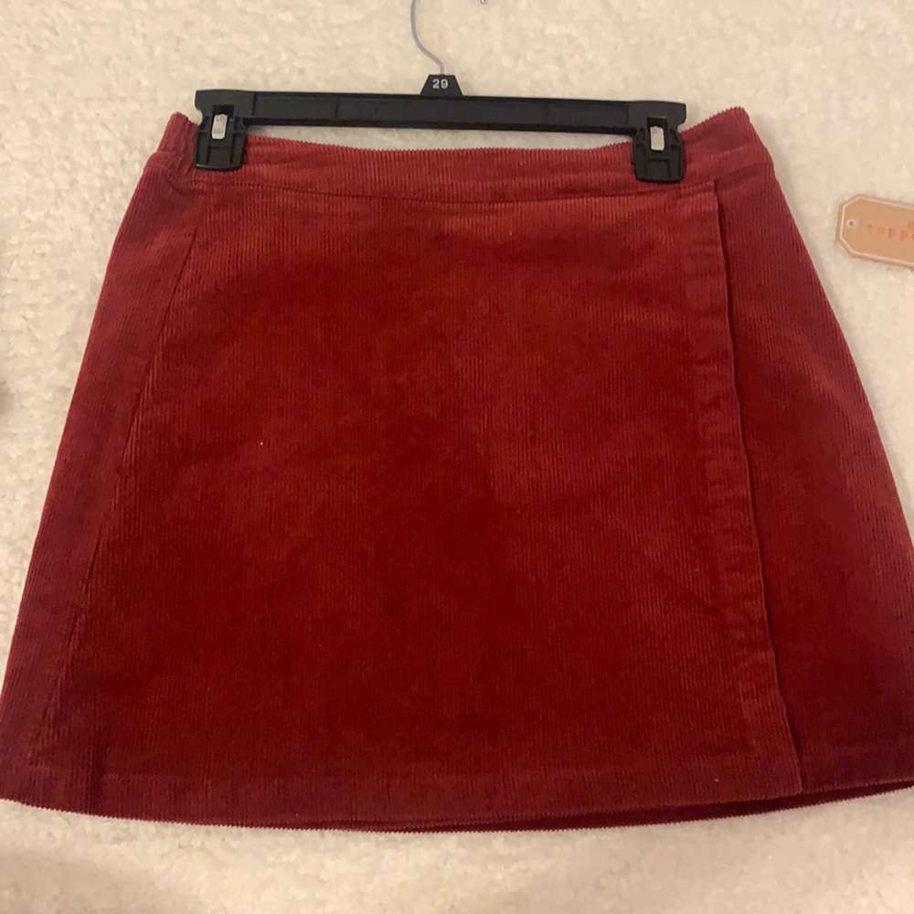 Red ribbed suede skirt, copper key, size small